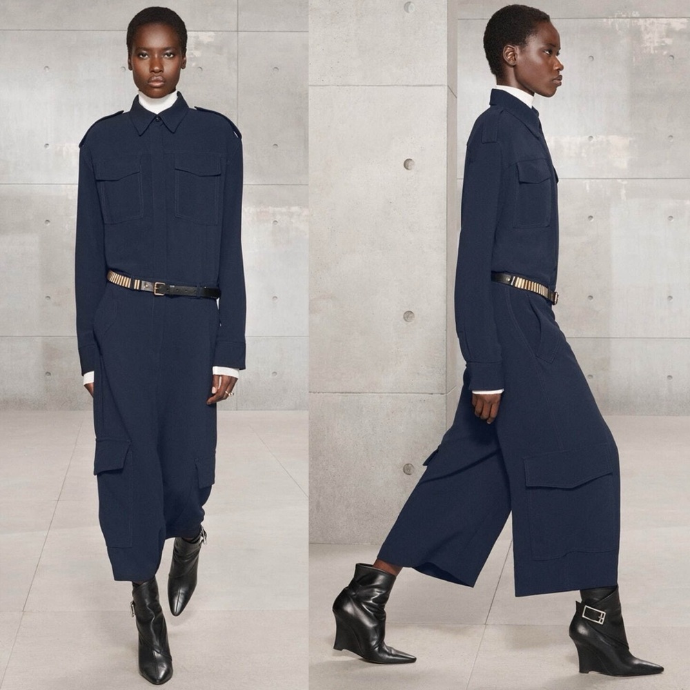 Zara SRPLS Wide Leg Long Sleeve Jumpsuit Navy Blue Size M NEW